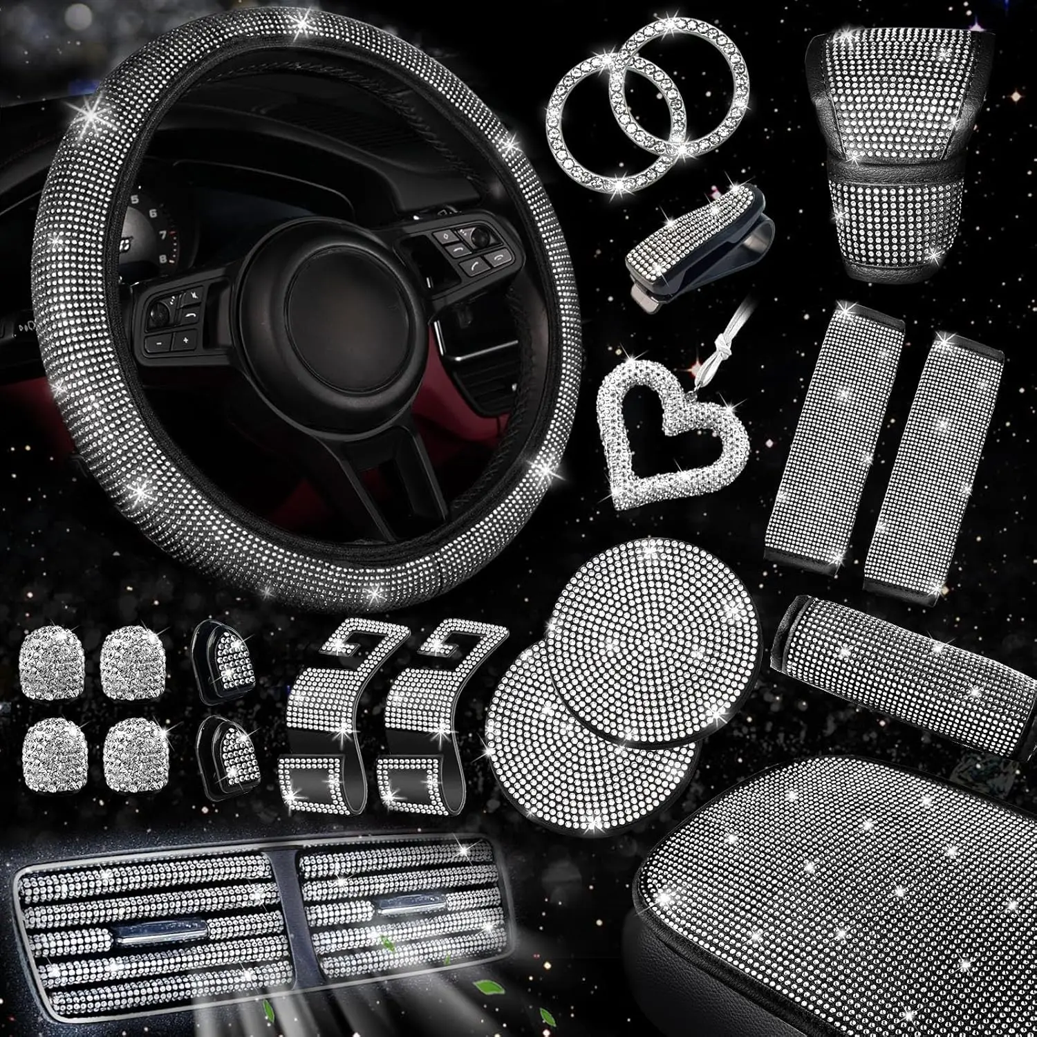 Набор из 30 блестящих автомобильных аксессуаров для женщин: серебристый чехол на руль, накладка на консоль, накладки на ремни безопасности
Набор из 30 блестящих автомобильных аксессуаров для женщин: серебристый чехол на руль, накладка на консоль, накладки на ремни безопасности