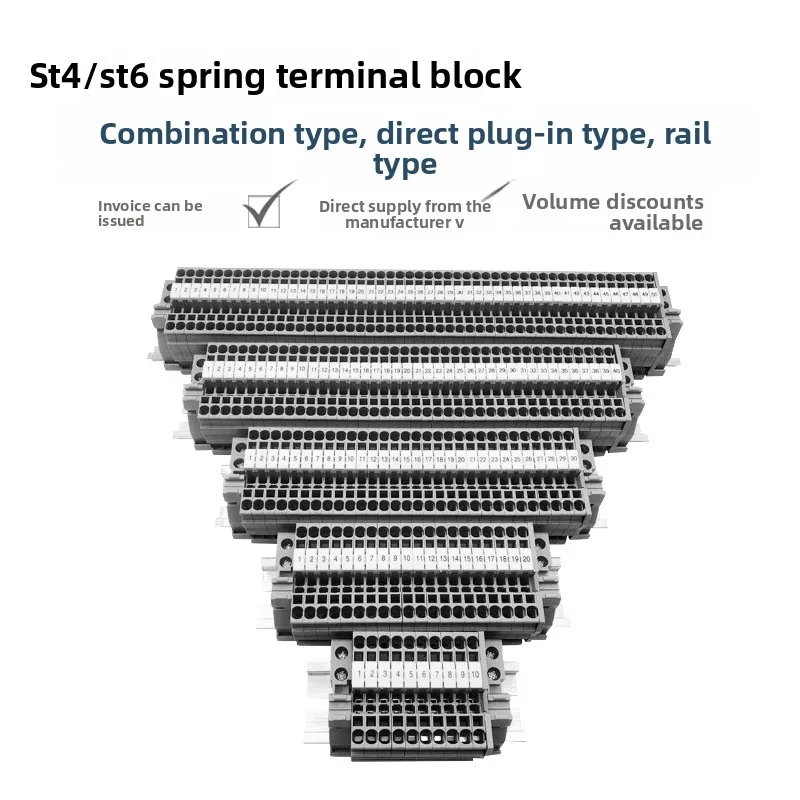 ST4/ST6 spring terminal block guide rail type 4/6 square screw-free quick in-line terminal can be customized
ST4/ST6 spring terminal block guide rail type 4/6 square screw-free quick in-line terminal can be customized