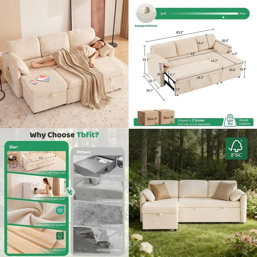 Sleeper Sofa Bed, 81 Pull Out Couch Bed with Reversible Storage Chaise, 3 in 1 LShaped Couch with Charging Station, Cup Holder,
Sleeper Sofa Bed, 81 Pull Out Couch Bed with Reversible Storage Chaise, 3 in 1 LShaped Couch with Charging Station, Cup Holder,