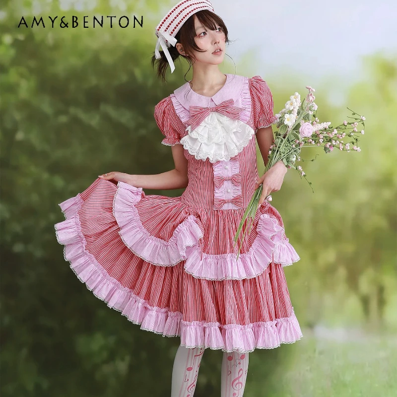 Original Japanese Design Red Striped Low-rise Women's Dress Retro Summer New Sweet Lolita Cute Bow Bubble Sleeve Dresses Ladies
Original Japanese Design Red Striped Low-rise Women's Dress Retro Summer New Sweet Lolita Cute Bow Bubble Sleeve Dresses Ladies