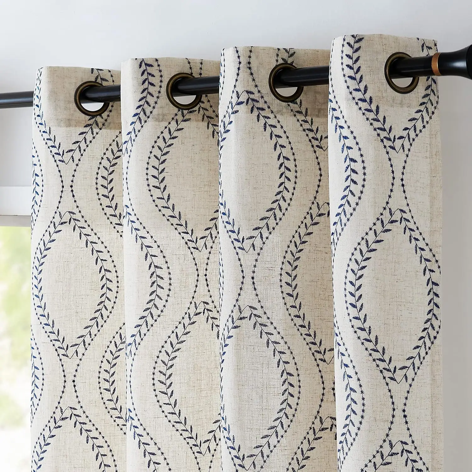 Boho Linen Blend Beige Farmhouse Curtains 84 Inch Length 2 Panels Set Blue Embroidered Leaf Living Room Ogee Geometry Drapes
Boho Linen Blend Beige Farmhouse Curtains 84 Inch Length 2 Panels Set Blue Embroidered Leaf Living Room Ogee Geometry Drapes