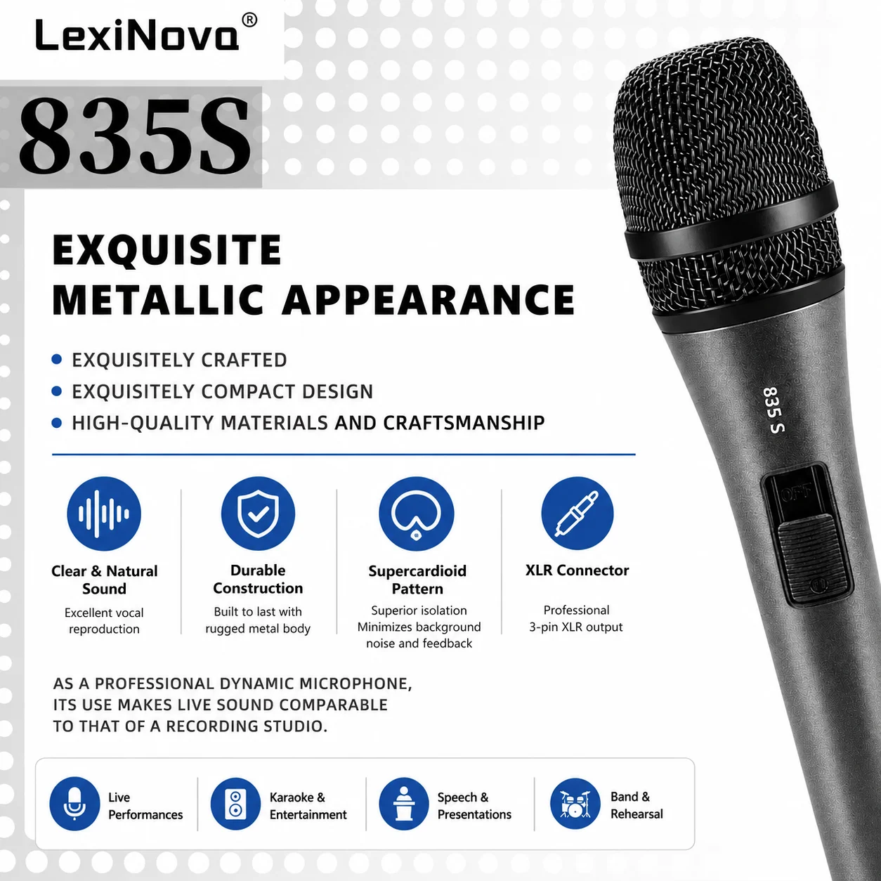 LN-835S Professional Microphone Wired Dynamic Handheld Vocal Mic With Switch Supercardioid For Singing Live Performance Karaoke
LN-835S Professional Microphone Wired Dynamic Handheld Vocal Mic With Switch Supercardioid For Singing Live Performance Karaoke