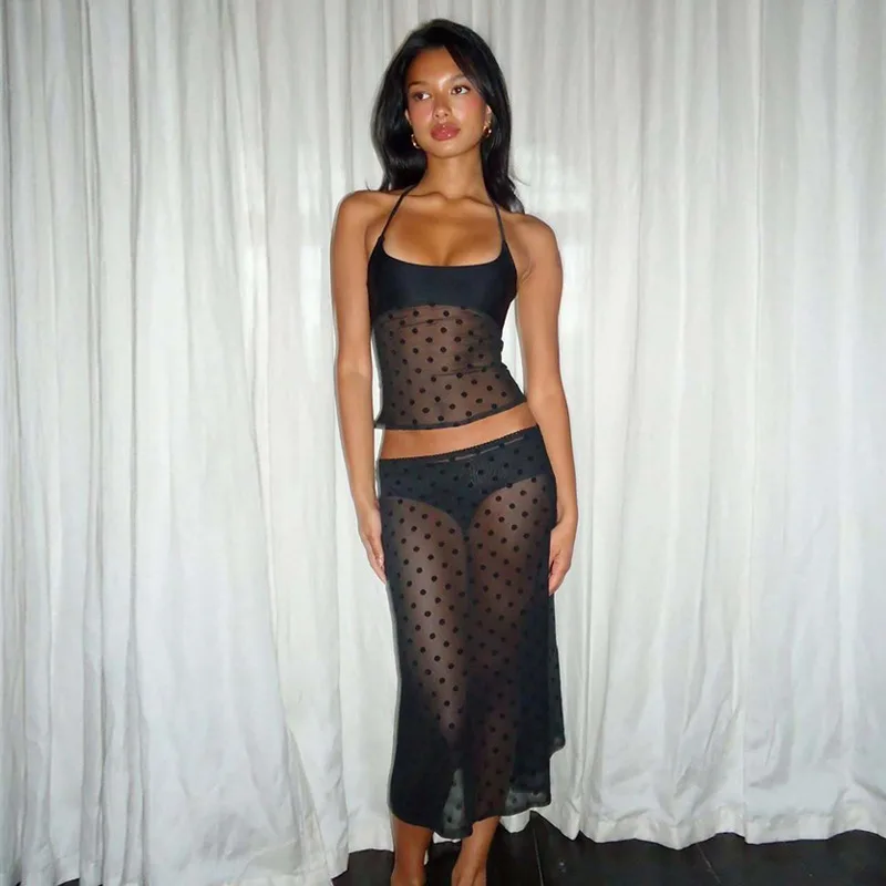 Polka Dots Print See Through Mesh 2 Piece Set Women Sexy Lace Up Halter Camis Crop Tops + Bodycon Midi Skirts Holiday Beach Suit
Polka Dots Print See Through Mesh 2 Piece Set Women Sexy Lace Up Halter Camis Crop Tops + Bodycon Midi Skirts Holiday Beach Suit