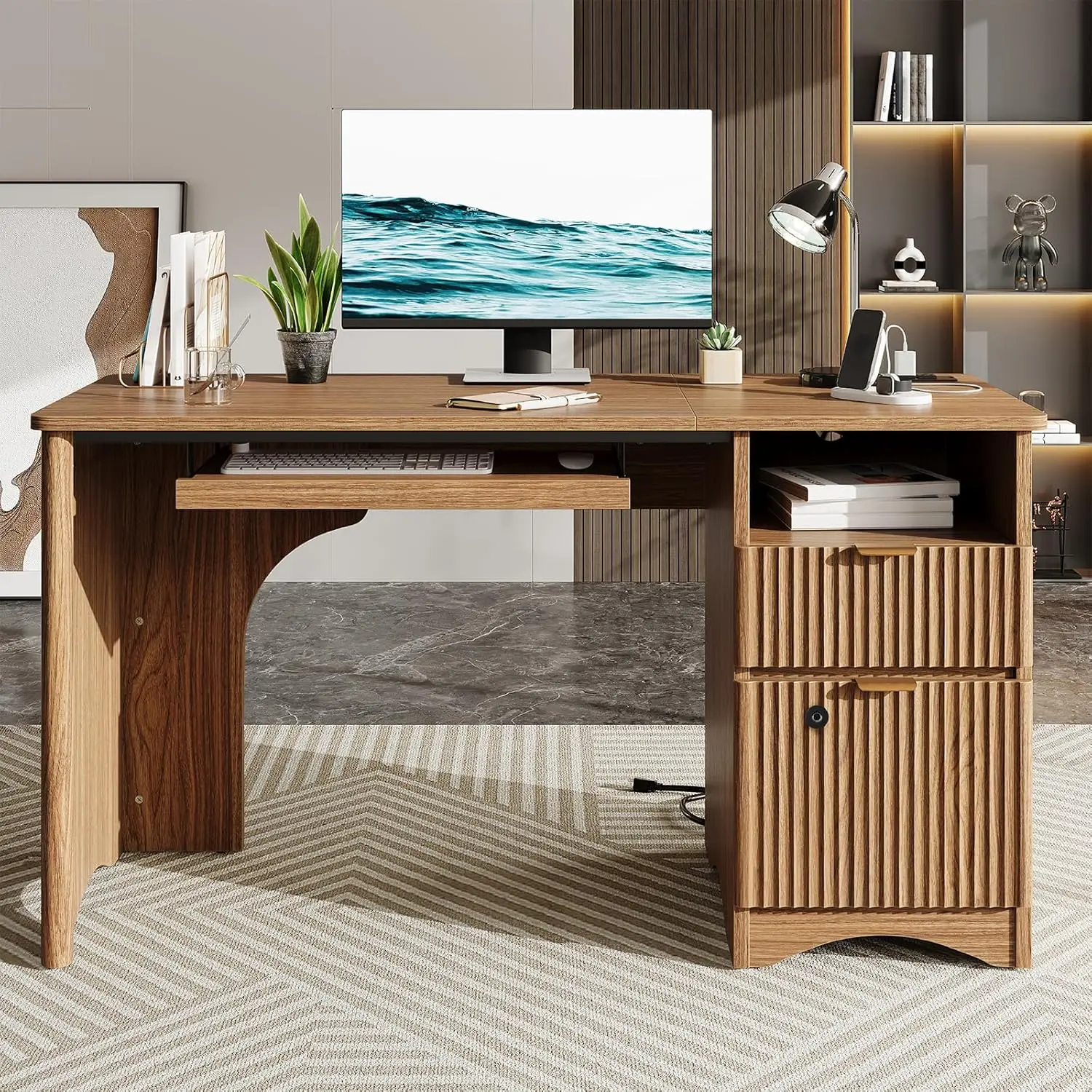 55 Inch Wood Computer Desk with Fingerprint Lockable Drawers and Keyboard Tray,Modern Home Office Desk with File Drawer & Charg
55 Inch Wood Computer Desk with Fingerprint Lockable Drawers and Keyboard Tray,Modern Home Office Desk with File Drawer & Charg