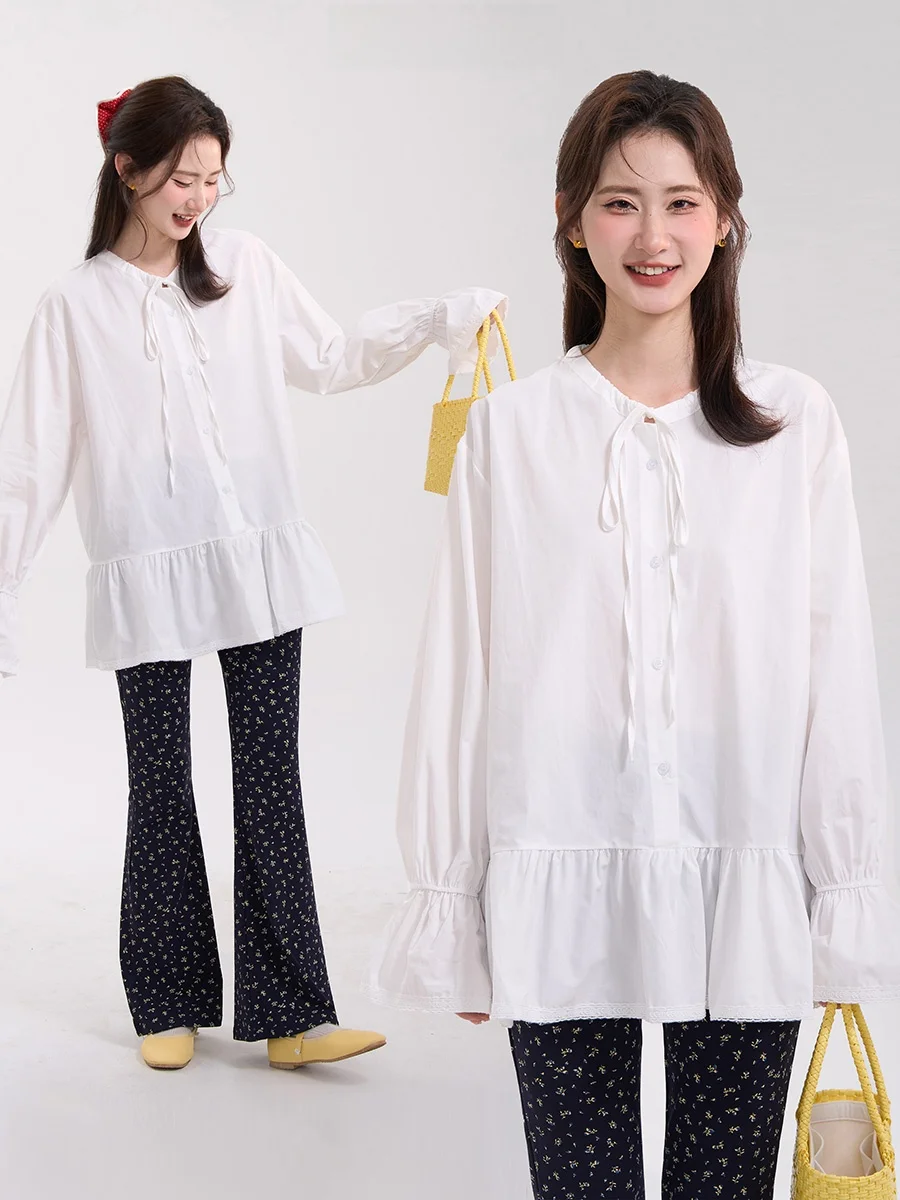 Simple White Long Sve irt with Ribbon round Ne Lace Trim Design French Sweet Tea Sle by Heme Flower Field Window
Simple White Long Sve irt with Ribbon round Ne Lace Trim Design French Sweet Tea Sle by Heme Flower Field Window