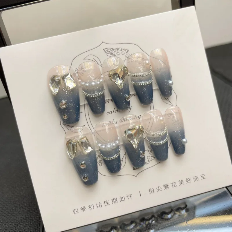 10 pcs Luxury Handmade Press on Nails Middle Trapezoid Dark Blue Gradient Design with 4-PIECE Tool Adhesive Nail Glue Tabs
10 pcs Luxury Handmade Press on Nails Middle Trapezoid Dark Blue Gradient Design with 4-PIECE Tool Adhesive Nail Glue Tabs