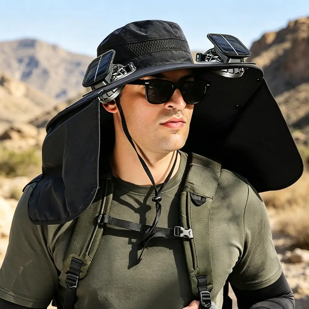 Bucket Hat Lightweight Water-Repellent Fabric Hiking Hat Adjustable Chin Cord Foldable Neck Guard Sun Hat With 2 Fans
Bucket Hat Lightweight Water-Repellent Fabric Hiking Hat Adjustable Chin Cord Foldable Neck Guard Sun Hat With 2 Fans