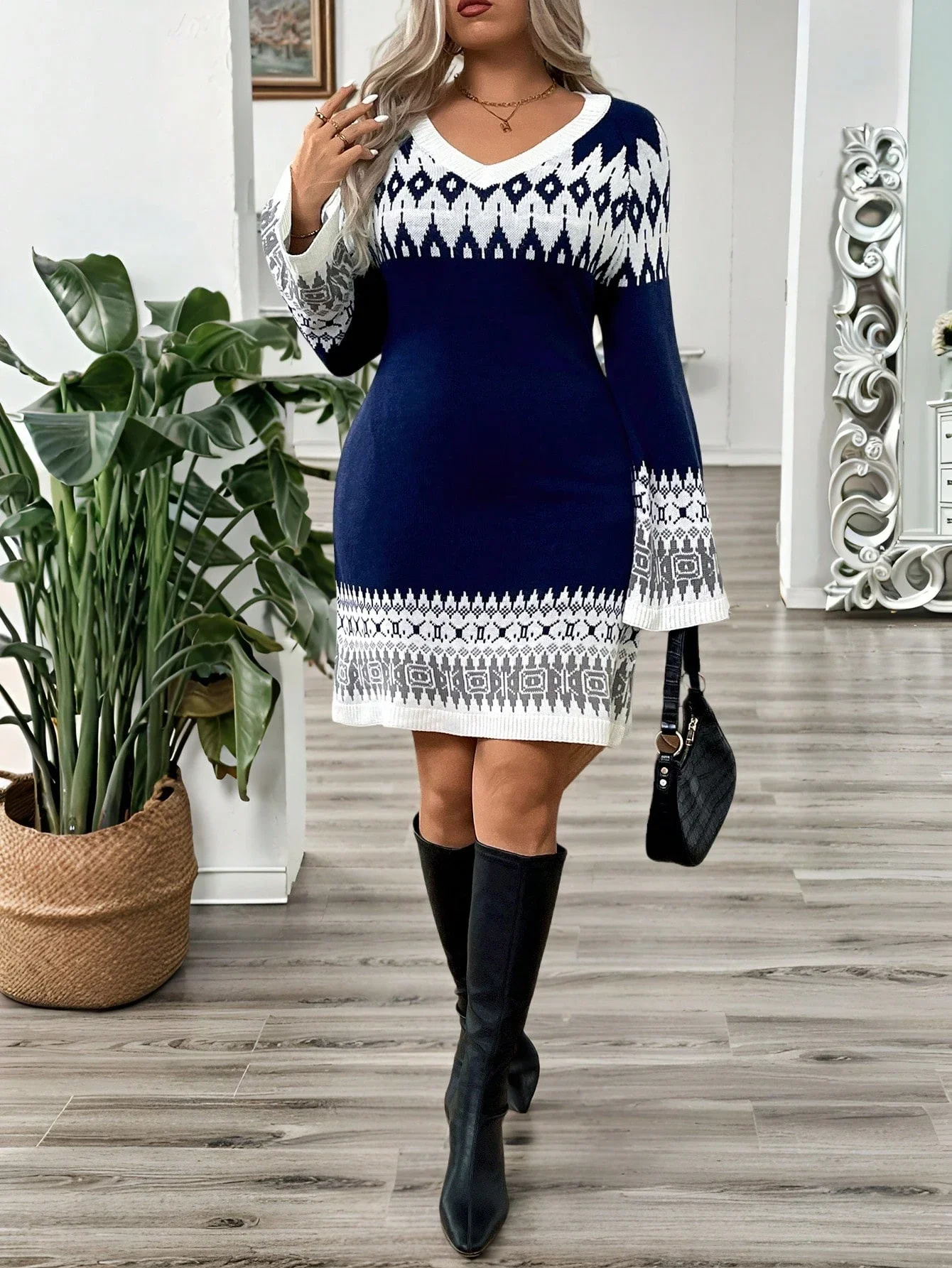 Navy Blue And White Geometric Pattern V-Neck Knit Sweater Dress For Women Autumn Winter Plus Size
Navy Blue And White Geometric Pattern V-Neck Knit Sweater Dress For Women Autumn Winter Plus Size