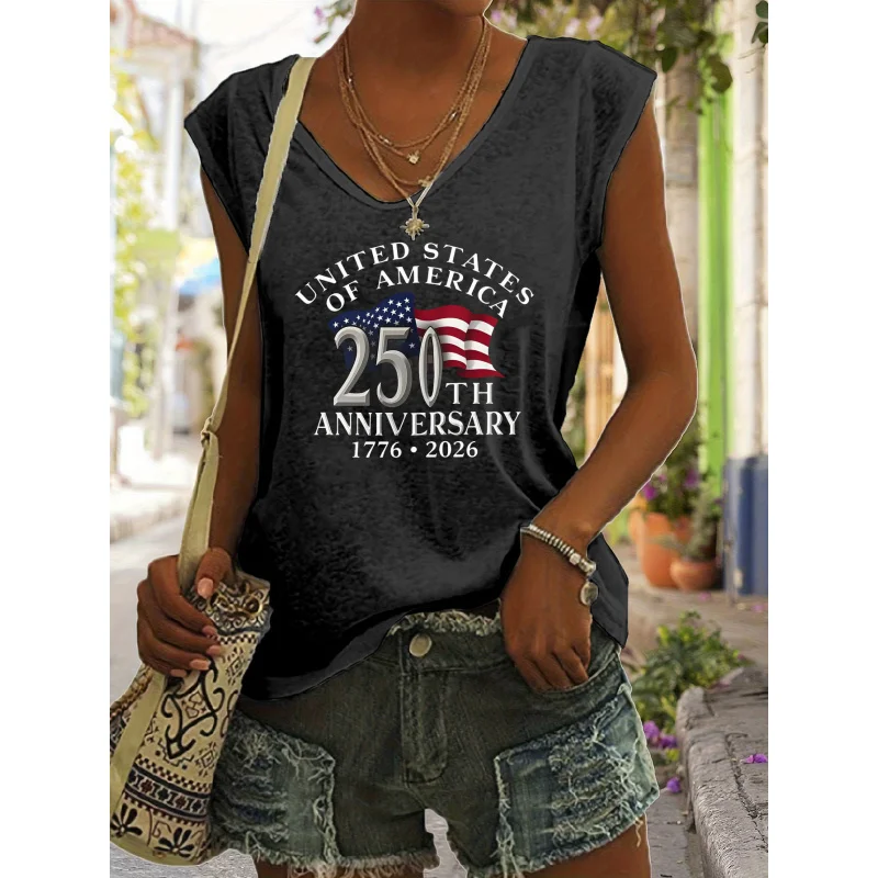 Casual Sleeveless White Tshirt with American 250th Anniversary Print, Home, Outdoors
Casual Sleeveless White Tshirt with American 250th Anniversary Print, Home, Outdoors
