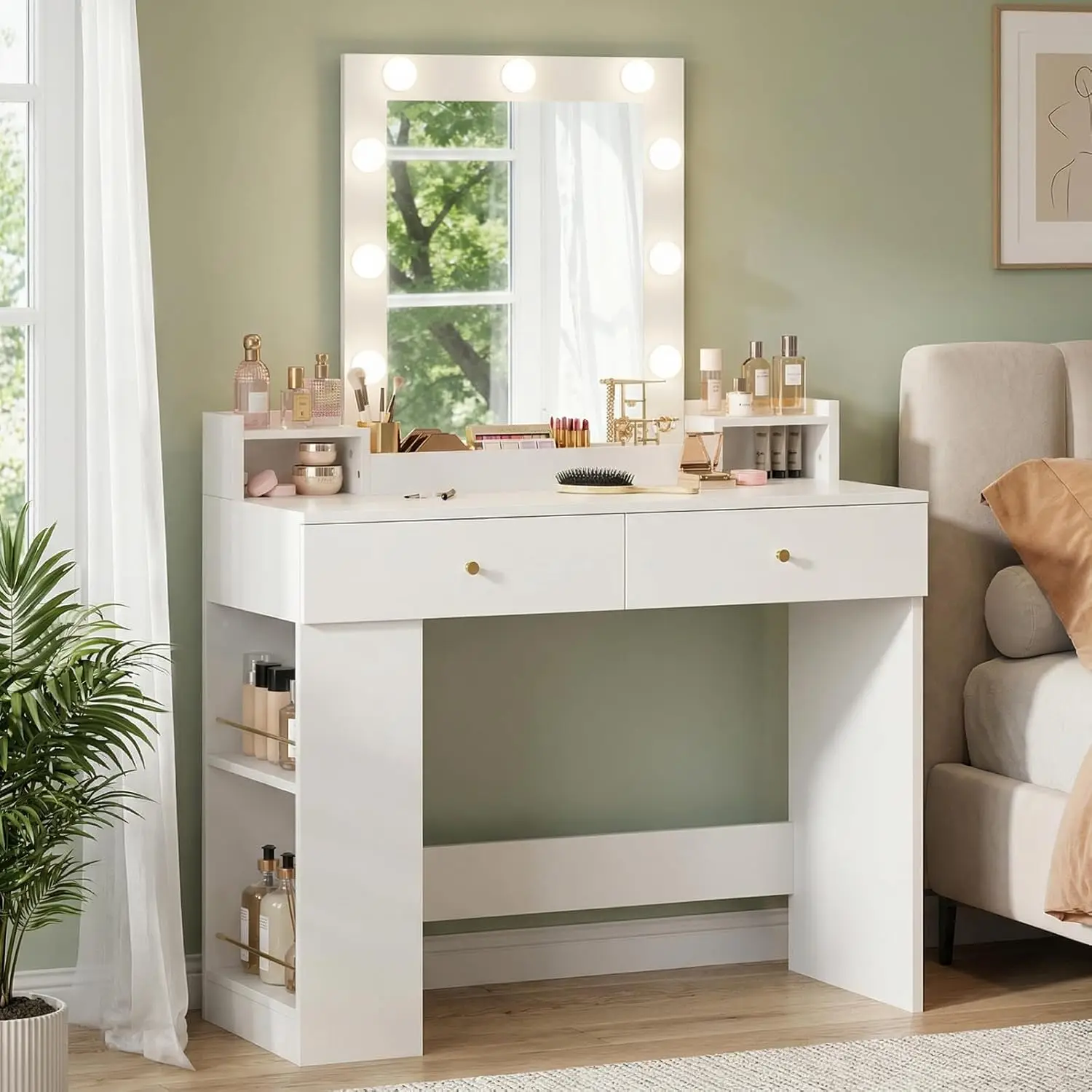 Vanity Desk with Mirror and Lights, 31.7" Small Makeup Vanity Desk with 2 Drawers & Open Storage Shelf, 3 Color, Customized
Vanity Desk with Mirror and Lights, 31.7" Small Makeup Vanity Desk with 2 Drawers & Open Storage Shelf, 3 Color, Customized