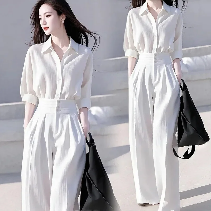 Spring Summer Women Half Sleeve Wide Leg Pants 2PCS Korean Lady Solid Color Outfit 2025 Female Fashion High Waist Two-Piece Set
Spring Summer Women Half Sleeve Wide Leg Pants 2PCS Korean Lady Solid Color Outfit 2025 Female Fashion High Waist Two-Piece Set
