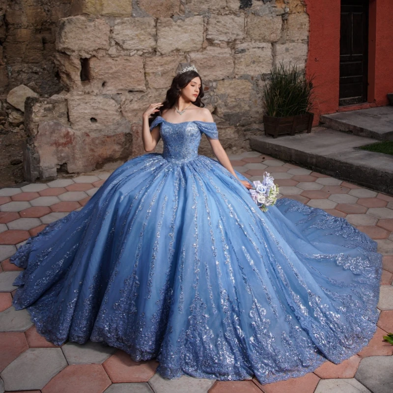 Sea Blue Shiny Ball Gown Quinceanera Dresses Sequin Applique Lace Beading Crystal Tull Corset Off The Shoulder Sweet 16 Dress
Sea Blue Shiny Ball Gown Quinceanera Dresses Sequin Applique Lace Beading Crystal Tull Corset Off The Shoulder Sweet 16 Dress