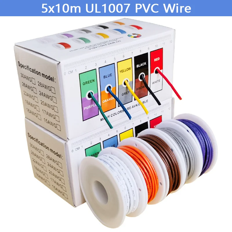 (5 Colors Mix Kit) Package 5x10m UL1007 Wire PVC Insulation Tinned Copper Cable Stranded Electrical Line 22 AWG PCB Wire DIY
(5 Colors Mix Kit) Package 5x10m UL1007 Wire PVC Insulation Tinned Copper Cable Stranded Electrical Line 22 AWG PCB Wire DIY