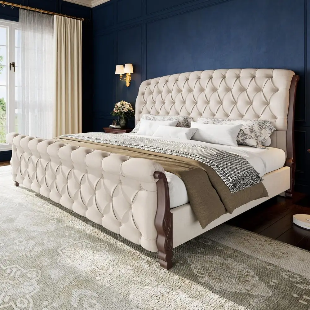 Upholstered King Bed Frame, 53 Tall Sleigh Bed with Button Tufted Chenille Headboard and Footboard, Platform Bed with Carved So
Upholstered King Bed Frame, 53 Tall Sleigh Bed with Button Tufted Chenille Headboard and Footboard, Platform Bed with Carved So