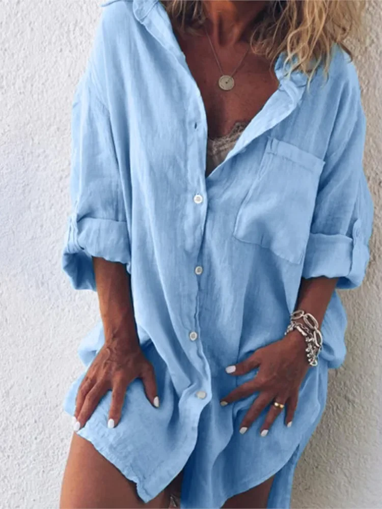 Summer Women's Clothing New Fashion Cotton Linen Pocket Beach Fashion Button Up Shirt Long Sleeved Casual Comfortable
Summer Women's Clothing New Fashion Cotton Linen Pocket Beach Fashion Button Up Shirt Long Sleeved Casual Comfortable
