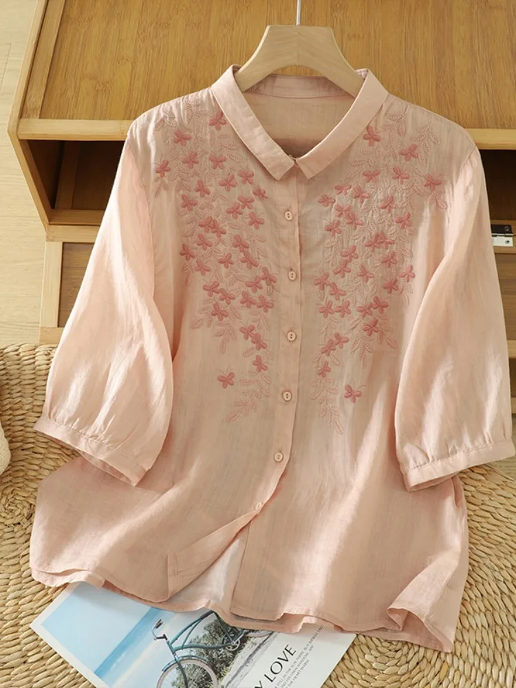 Elegant Embroidered Linen Shirt Women Summer Thin Cotton Linen Short Sleeve Top Vintage Style Loose Fit Button Detail Pure Color
Elegant Embroidered Linen Shirt Women Summer Thin Cotton Linen Short Sleeve Top Vintage Style Loose Fit Button Detail Pure Color