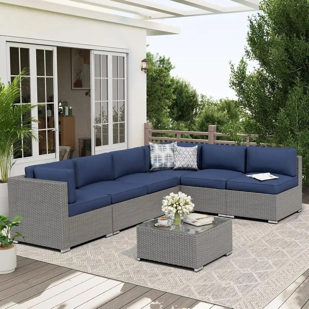 7-Piece Grey Rattan Outdoor Patio Sectional Sofa Set with Cushions and Glass Top Table
7-Piece Grey Rattan Outdoor Patio Sectional Sofa Set with Cushions and Glass Top Table