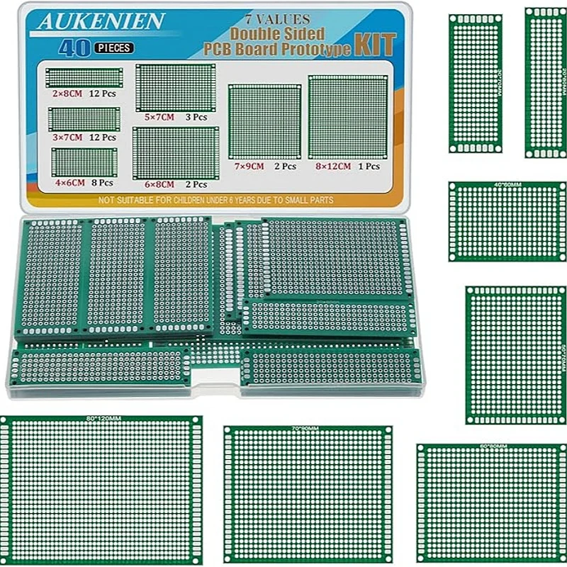 AUKENIEN 7 Values 40 PCS PCB Board Breadboard Kit 2x8 3x7 4x6 5x7 6x8 7x9 8x12 Hole Board Double Sided PCB for DIY Soldering
AUKENIEN 7 Values 40 PCS PCB Board Breadboard Kit 2x8 3x7 4x6 5x7 6x8 7x9 8x12 Hole Board Double Sided PCB for DIY Soldering