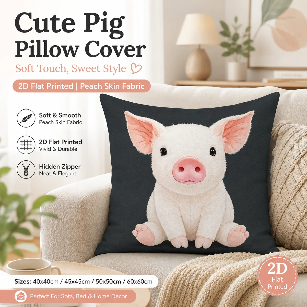 Sweet Style Pig Pillowcase Peach Skin 2D Flat Printed Animal Cushion Cover Soft Throw Pillow Case for Living Room Sofa
Sweet Style Pig Pillowcase Peach Skin 2D Flat Printed Animal Cushion Cover Soft Throw Pillow Case for Living Room Sofa