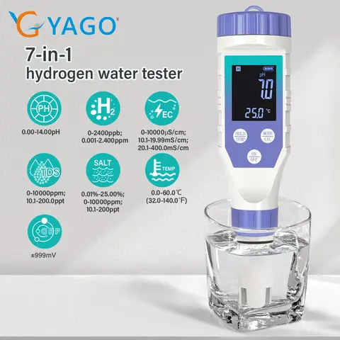 YAGO Hydrogen Water Tester 7-in-1 TDS EC H2 ORP Salt Temp PH Meter for Drinking Water Pool Aquarium-Accurate Water Tester