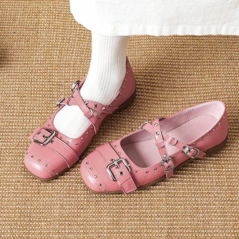 Women's New Spring and Autumn Genuine Leather Cowhide Metal Rivet Elastic Belt Buckle Mid Heel Mary Jane Shoes Ballet Shoes
Women's New Spring and Autumn Genuine Leather Cowhide Metal Rivet Elastic Belt Buckle Mid Heel Mary Jane Shoes Ballet Shoes