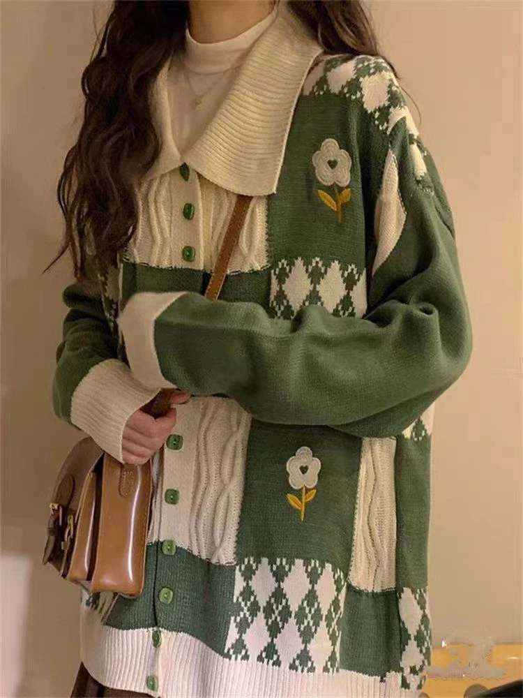 Kawaii Knitted Cardigan Women Autumn Winter Vintage Plaid Floral Sweater Female Korean Fashion Single Breasted Lapel Knitwears
Kawaii Knitted Cardigan Women Autumn Winter Vintage Plaid Floral Sweater Female Korean Fashion Single Breasted Lapel Knitwears