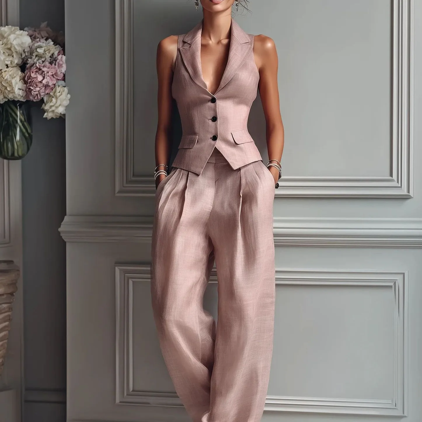 2 Pieces Set For Woman Vest Summer Sleeveless Top Button Front Waistcoat Notched Lapel Tank Top High Waist Wide Leg Pants
2 Pieces Set For Woman Vest Summer Sleeveless Top Button Front Waistcoat Notched Lapel Tank Top High Waist Wide Leg Pants