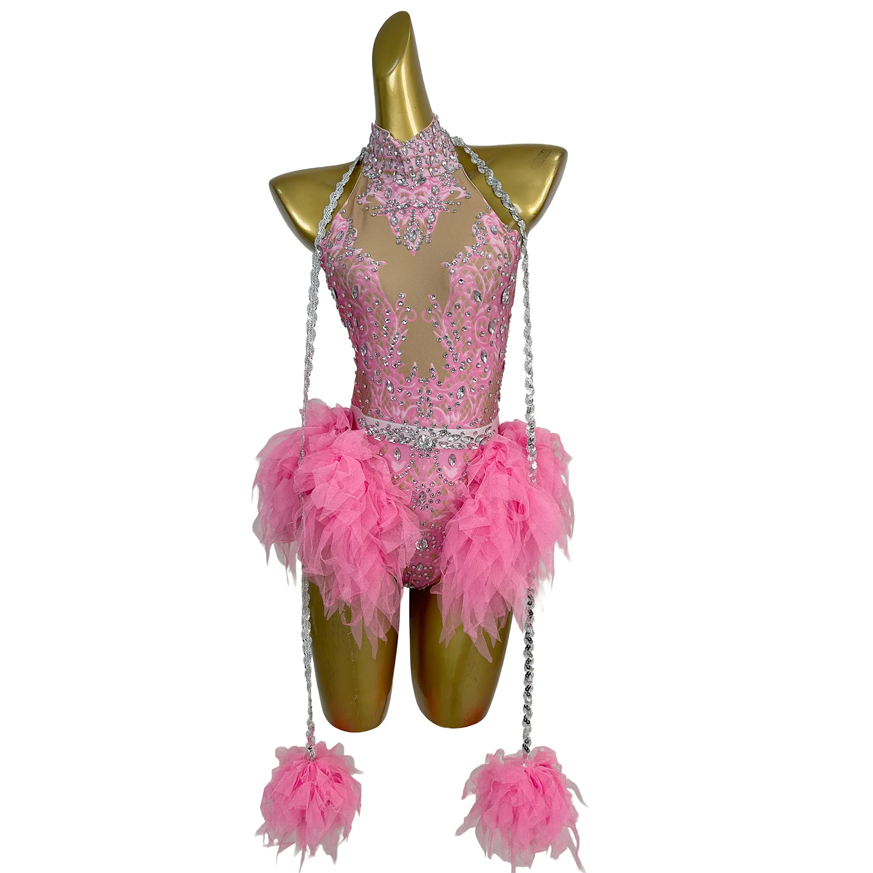 Youshapingguo Pink Rhinestone Embellished Sheer Mesh Halter Neck Bodysuit with Tulle Feather Trim for Party Events
Youshapingguo Pink Rhinestone Embellished Sheer Mesh Halter Neck Bodysuit with Tulle Feather Trim for Party Events