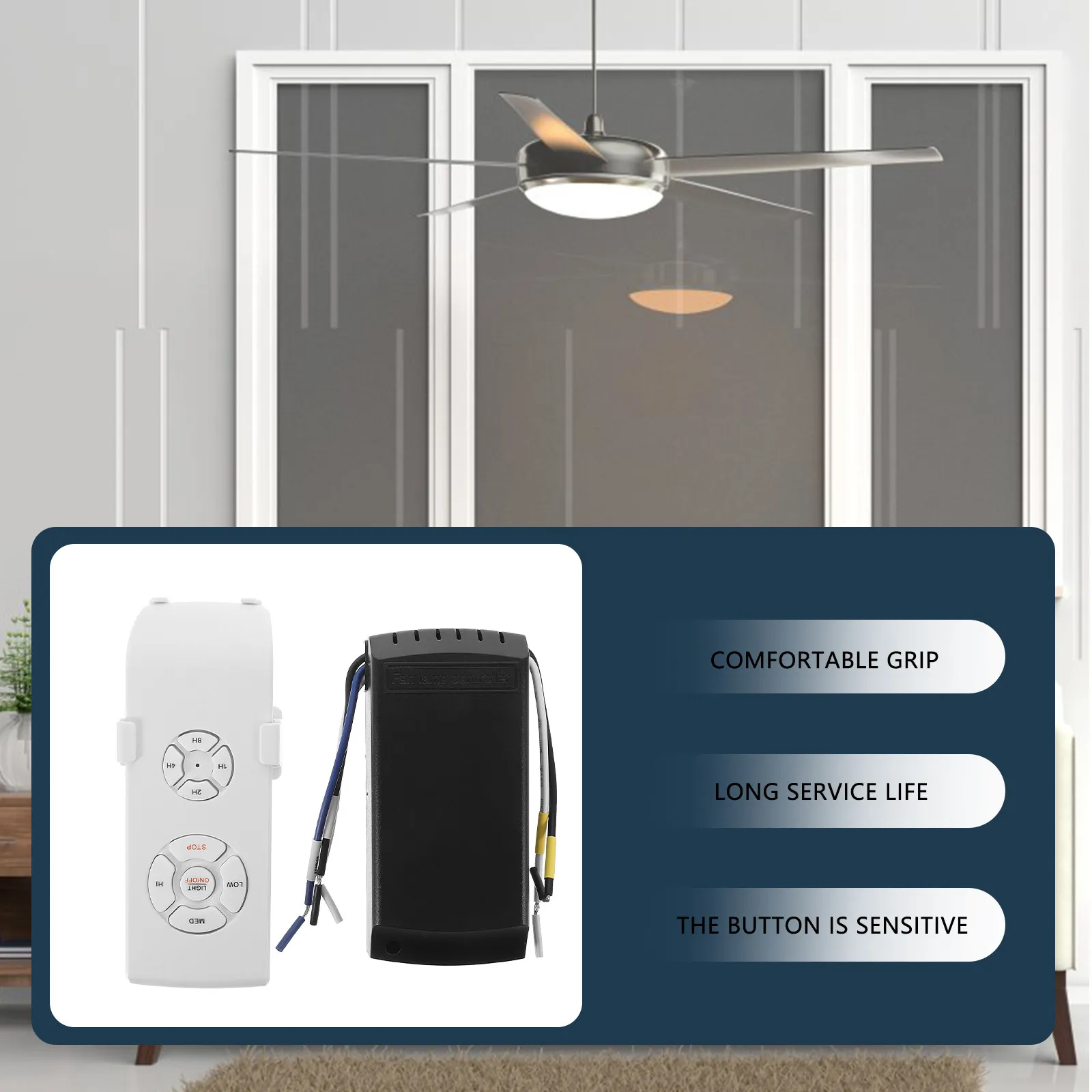 Ceiling Fan Remote Controller Wireless Universal Kit with Ergonomic Shape Shock Resistant Material 3-Speed Timing
Ceiling Fan Remote Controller Wireless Universal Kit with Ergonomic Shape Shock Resistant Material 3-Speed Timing