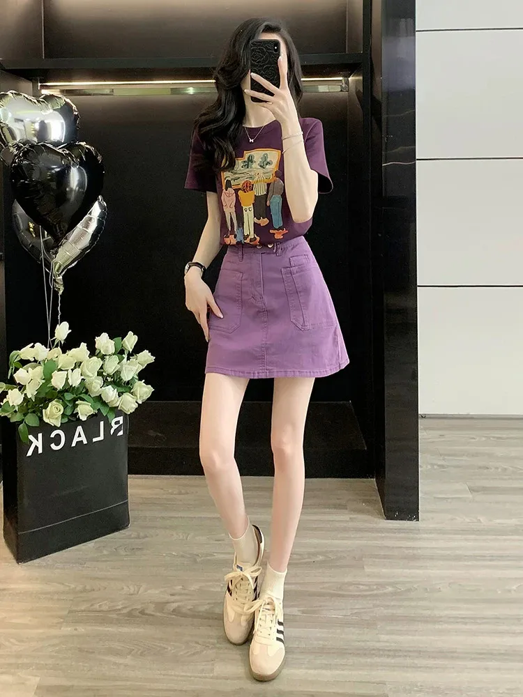 Casual Purple Denim Set Women's Summer Anti-Aging Small Size Short Sleeve Short Skirt Two-Piece Set Fashionable Casual Style
Casual Purple Denim Set Women's Summer Anti-Aging Small Size Short Sleeve Short Skirt Two-Piece Set Fashionable Casual Style