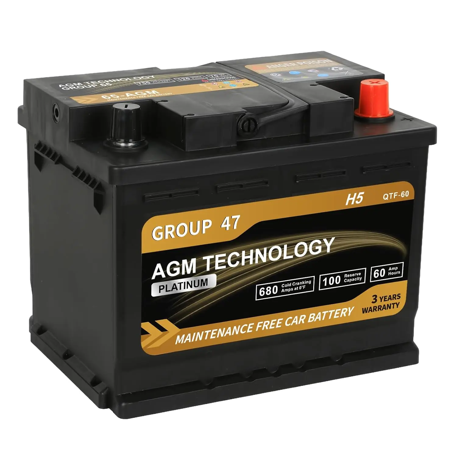 12V 60Ah 680CCA AGM Car Battery Start-Stop 100RC 36-Month Warranty, Custom
12V 60Ah 680CCA AGM Car Battery Start-Stop 100RC 36-Month Warranty, Custom