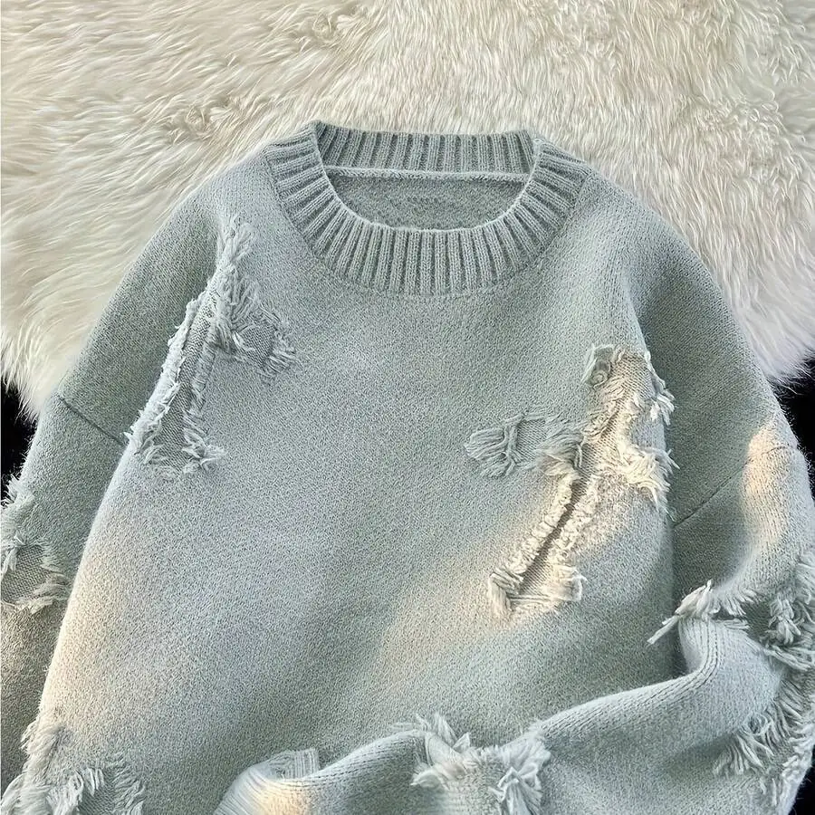 Mens Vintage Distressed Oversized Knit Sweater With Frayed Edges Round Neck Casual Pullover
Mens Vintage Distressed Oversized Knit Sweater With Frayed Edges Round Neck Casual Pullover