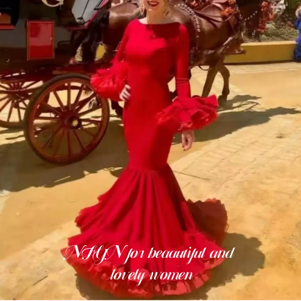 NFYN Red Elegant Prom Dress O-Neck Long Sleeves Ruffles Party Dress Pleating Backless Trailing Mermaid Evening Dress Customized
NFYN Red Elegant Prom Dress O-Neck Long Sleeves Ruffles Party Dress Pleating Backless Trailing Mermaid Evening Dress Customized