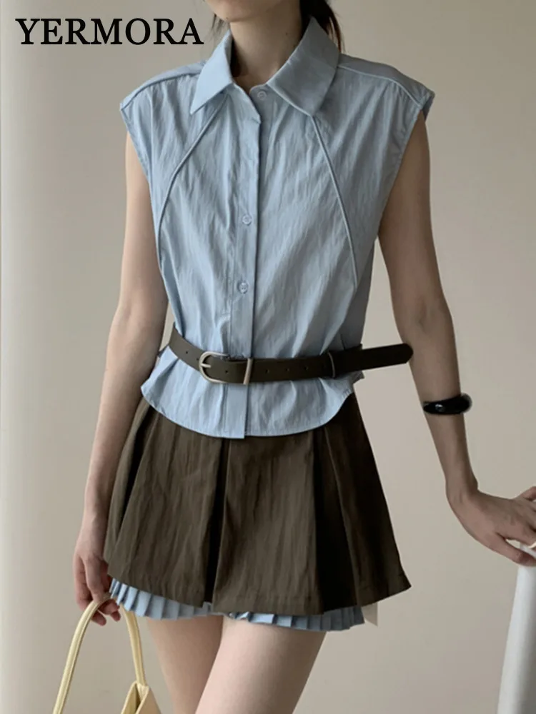YERMORA Women Blue Spliced Pleated Shorts Two Pieces Set Brief Casual Belted Vest Shirt Fashion Tide Spring Summer 2025
YERMORA Women Blue Spliced Pleated Shorts Two Pieces Set Brief Casual Belted Vest Shirt Fashion Tide Spring Summer 2025