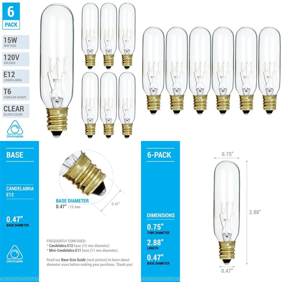 Pack of 6 15T6/CL - 15 Watt T6 Clear Tubular - 120V - Candelabra (E12) Base - Incandescent Light Bulb
Pack of 6 15T6/CL - 15 Watt T6 Clear Tubular - 120V - Candelabra (E12) Base - Incandescent Light Bulb