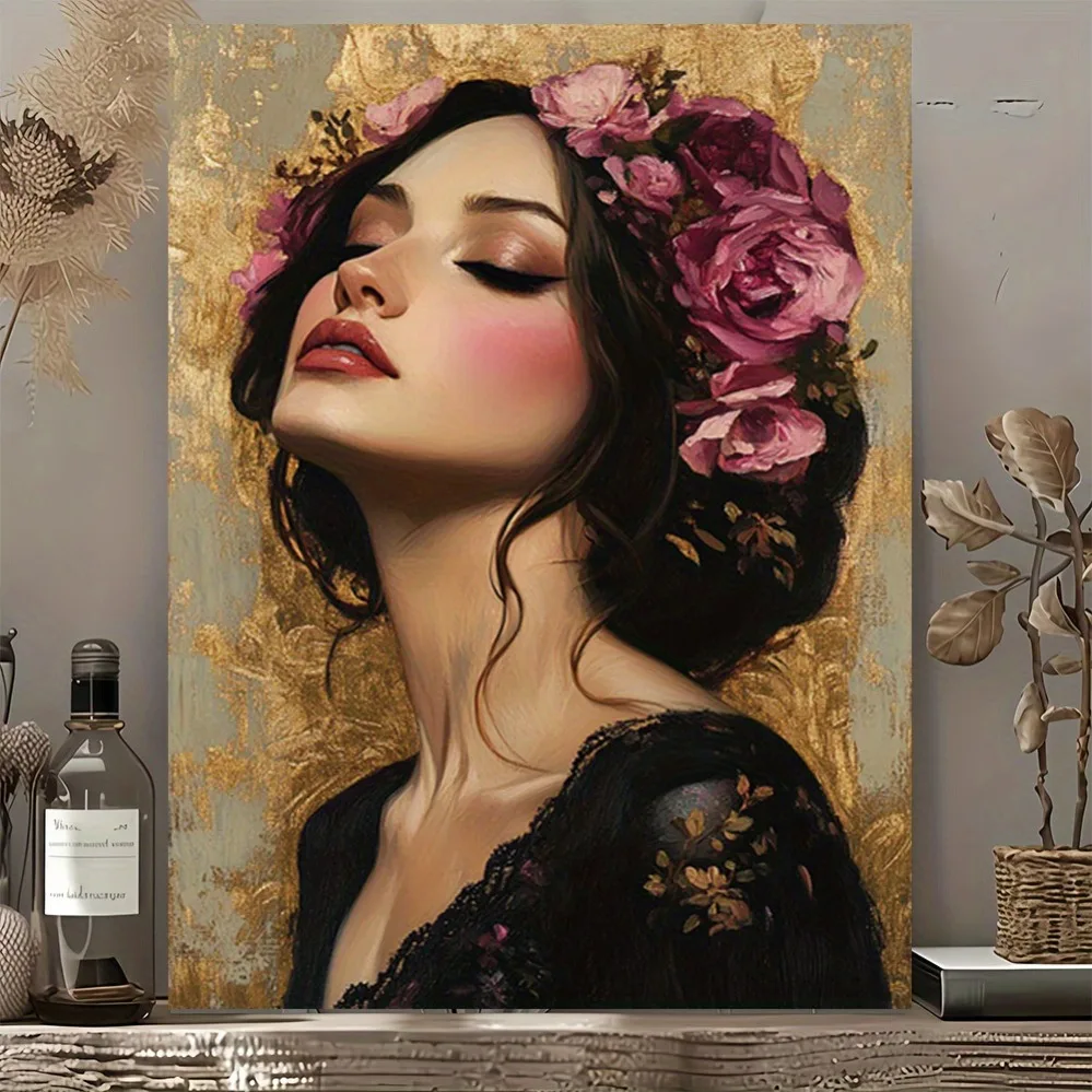 Vintage floral wall art, pink rose crown poster, gold accents, framed with hooks for home decor.
Vintage floral wall art, pink rose crown poster, gold accents, framed with hooks for home decor.