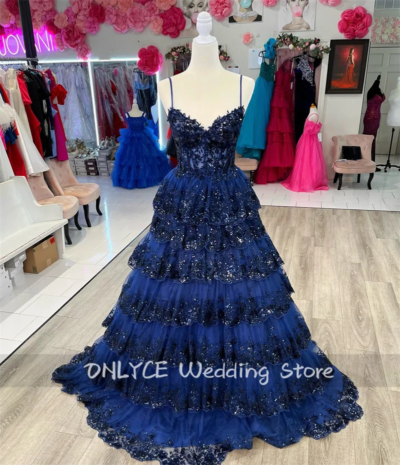 Sparkly Navy Blue Long Wedding Party Dress Straps Sequins Appliques Beaded Formal Evening Gowns Tiered Prom Dresses Customized
Sparkly Navy Blue Long Wedding Party Dress Straps Sequins Appliques Beaded Formal Evening Gowns Tiered Prom Dresses Customized