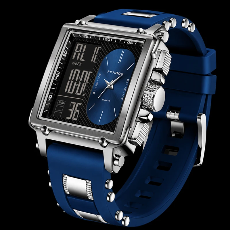 FOXBOX Fashion Men's Square Watch Dual Display Analog Digital Wristwatch Blue Silicone Business Sport Waterproof Watches for Men
FOXBOX Fashion Men's Square Watch Dual Display Analog Digital Wristwatch Blue Silicone Business Sport Waterproof Watches for Men