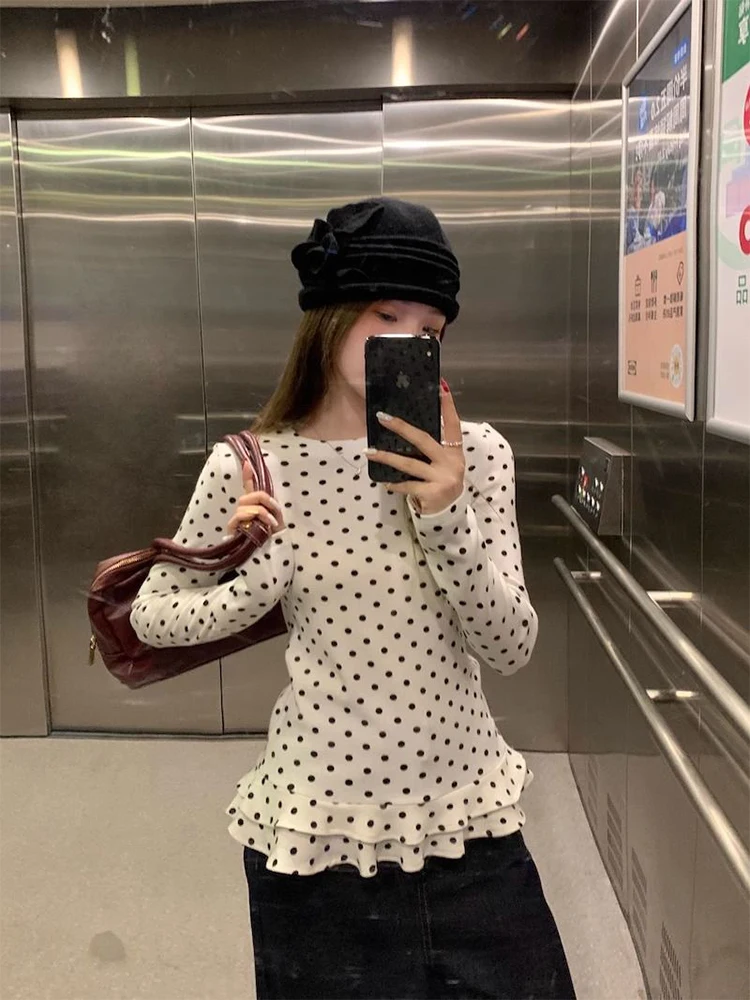 White Polka Dot Long Sleeve T-shirt for Women Ruffle Long Sleeve Tops 2025 Autumn New Slim Fit Tops T-shirt
White Polka Dot Long Sleeve T-shirt for Women Ruffle Long Sleeve Tops 2025 Autumn New Slim Fit Tops T-shirt