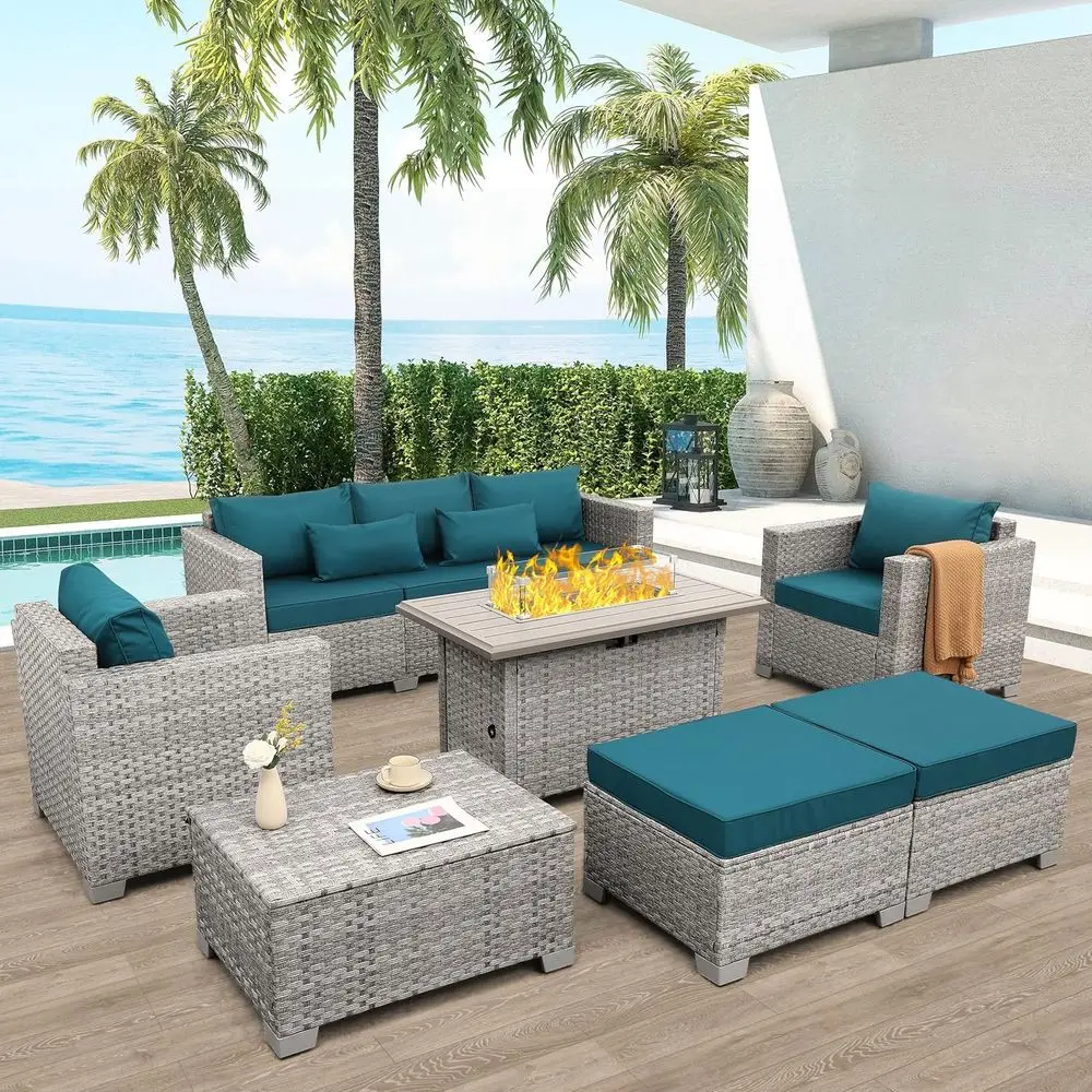 6-Piece Grey Wicker Outdoor Patio Furniture Set with Sofa, Sectional, Fire Pit Table, and Peacock Blue Cushions
6-Piece Grey Wicker Outdoor Patio Furniture Set with Sofa, Sectional, Fire Pit Table, and Peacock Blue Cushions