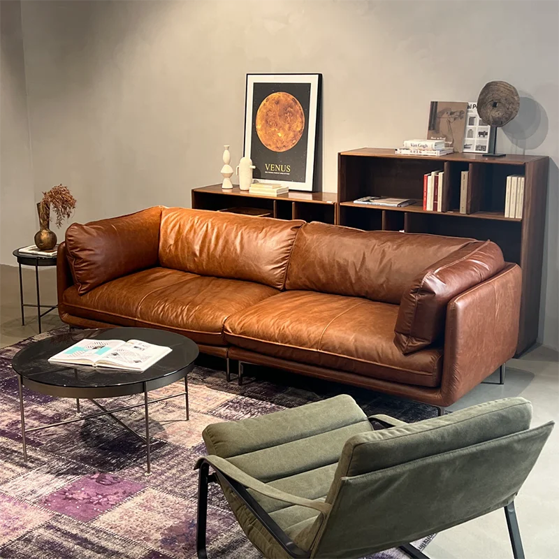 French Vintage Style Hug Sofa, Mid-Century Designer Straight Sofa, Classic Cigar Bar Whiskey Leather Sofa
French Vintage Style Hug Sofa, Mid-Century Designer Straight Sofa, Classic Cigar Bar Whiskey Leather Sofa