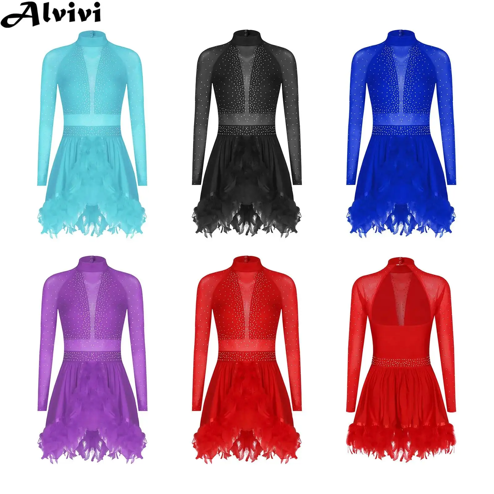 Women Long Sleeve Shiny Rhinestones Sheer Mesh Feather Figure Skating Dress Ballet Tutu Lyrical Dance Gymnastics Leotard Dresses
Women Long Sleeve Shiny Rhinestones Sheer Mesh Feather Figure Skating Dress Ballet Tutu Lyrical Dance Gymnastics Leotard Dresses