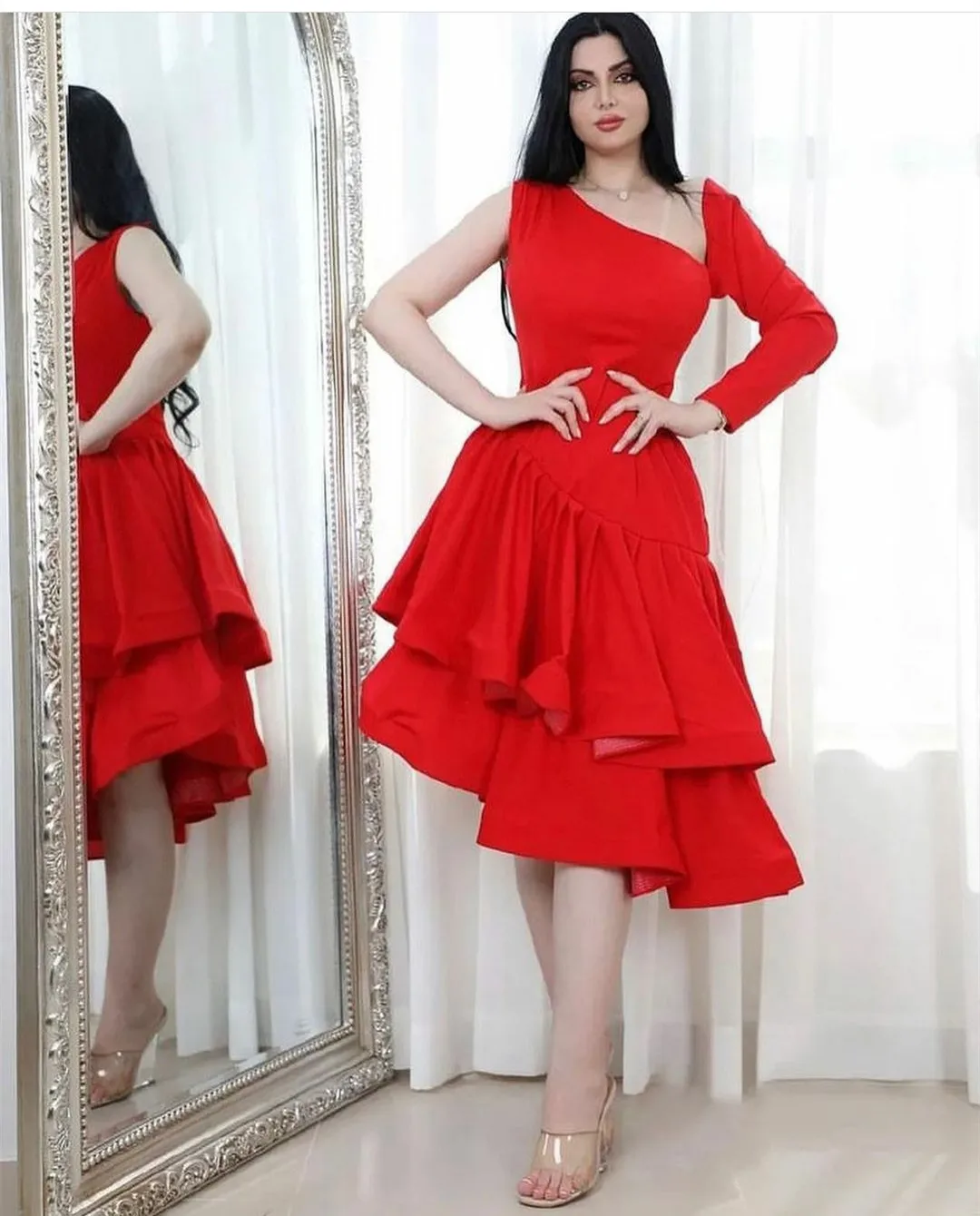 BridalAffair Elegant Short Red Ruffled Evening Desses With Sleeve A-Line One Shoulder Crepe Tea Length Prom Dresses for Women
BridalAffair Elegant Short Red Ruffled Evening Desses With Sleeve A-Line One Shoulder Crepe Tea Length Prom Dresses for Women