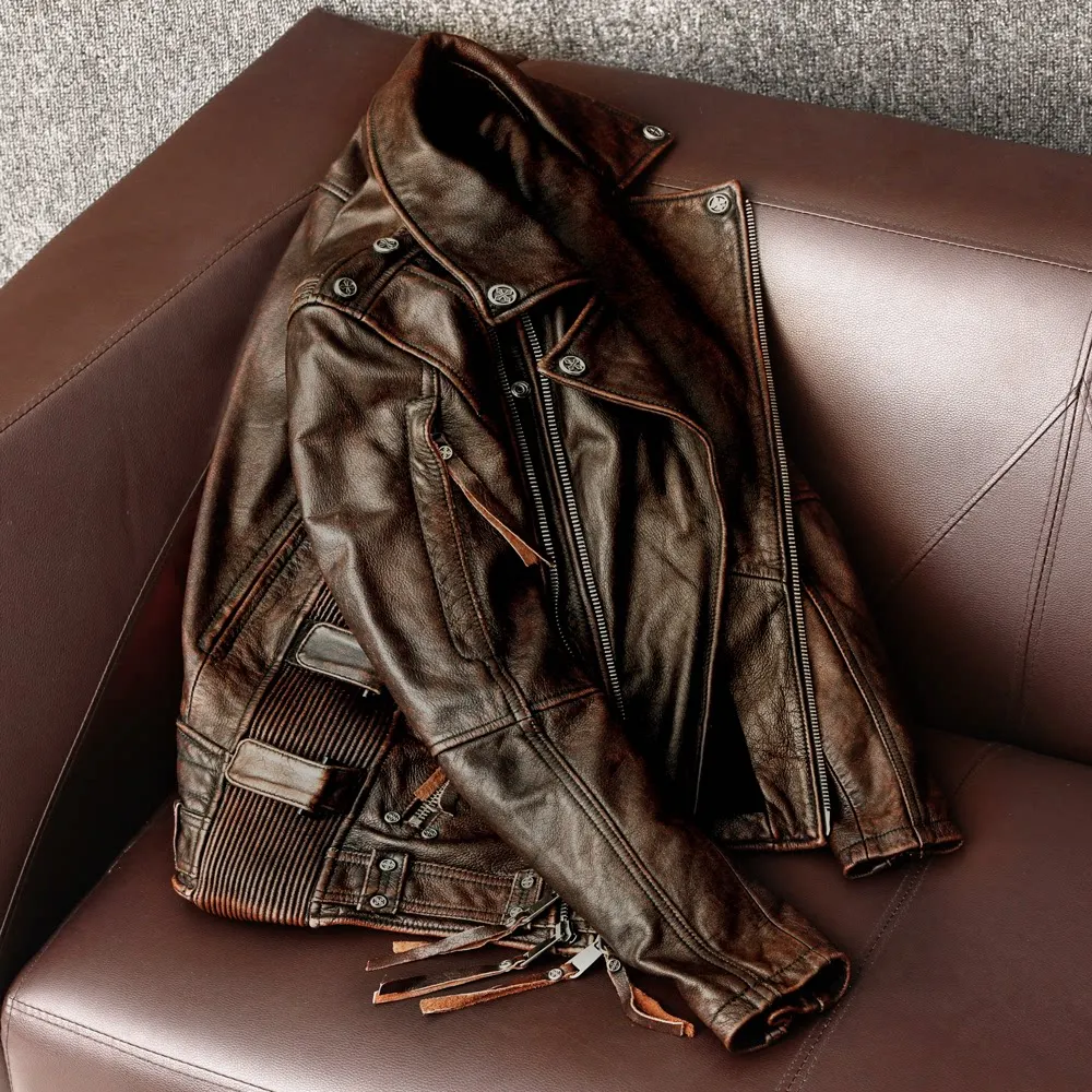 Locomotive first layer cowhide genuine leather men's nostalgic retro do old leather motorcycle jacket
Locomotive first layer cowhide genuine leather men's nostalgic retro do old leather motorcycle jacket