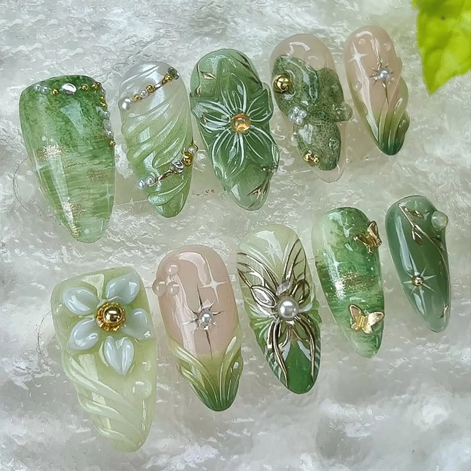 30Pcs Medium Almond Press on Nails with 3D Pearl Gold Beads Butterfly Flower Designs, Stick on Fake Nails for Women
30Pcs Medium Almond Press on Nails with 3D Pearl Gold Beads Butterfly Flower Designs, Stick on Fake Nails for Women