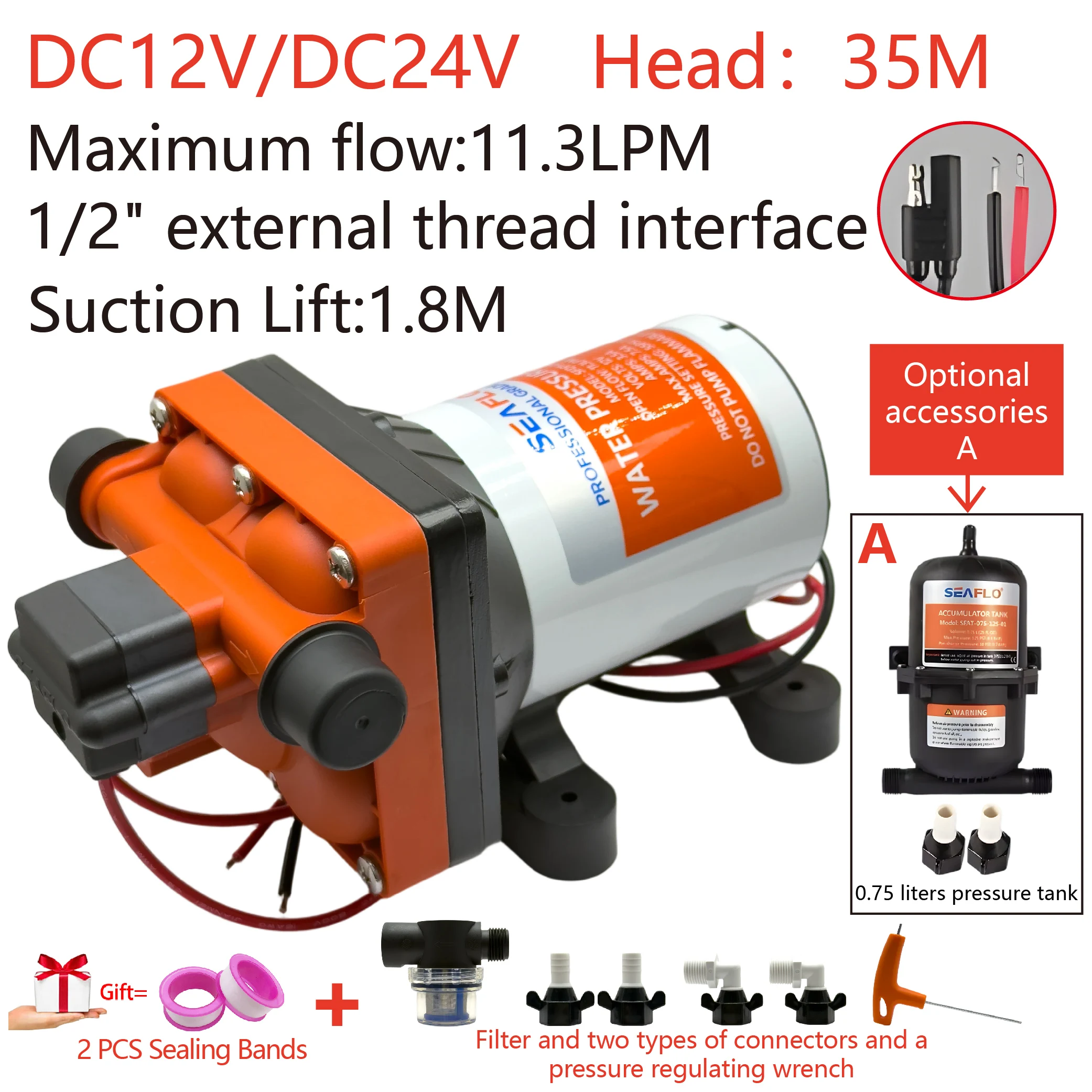 High Head Four-chamber Automatic Diaphragm Pump DC12/24V 11.3 LPM High-flow Self-priming Pump for Boats, Homes and Caravans.
High Head Four-chamber Automatic Diaphragm Pump DC12/24V 11.3 LPM High-flow Self-priming Pump for Boats, Homes and Caravans.
