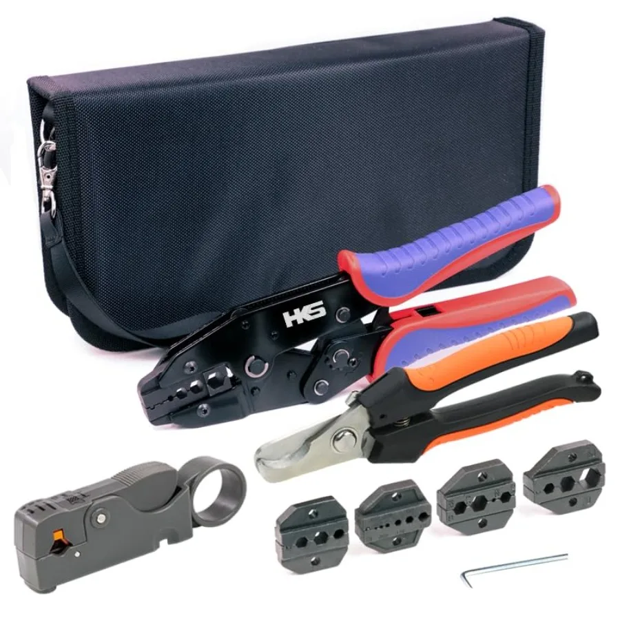 Coax Ratchet Crimping Tool Kit for Coaxial RG Cable RF Connector with 5 Changeable Dies, Rotary Coaxial Cable Stripper/Cutter a
Coax Ratchet Crimping Tool Kit for Coaxial RG Cable RF Connector with 5 Changeable Dies, Rotary Coaxial Cable Stripper/Cutter a