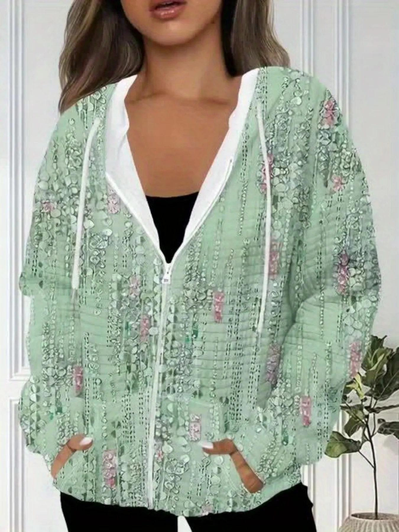 Printed Green Floral casual style elegant style zipper hooded long-sleeve jacket
Printed Green Floral casual style elegant style zipper hooded long-sleeve jacket
