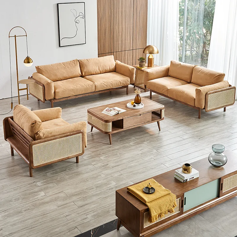 Japanese-style solid wood sofa simple Nordic rattan living room double sofa down home designer combination
Japanese-style solid wood sofa simple Nordic rattan living room double sofa down home designer combination