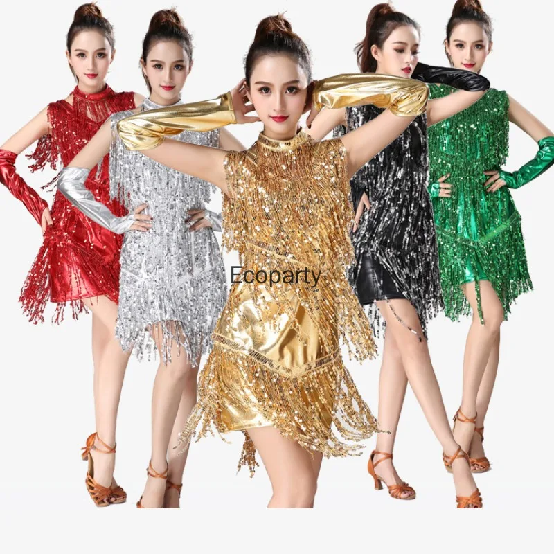 New Women Sequin Latin Dance Performance Dress Shiny Tassel Dress with Gloves Rumba Salsa Tango Square Dance Competition Clothes
New Women Sequin Latin Dance Performance Dress Shiny Tassel Dress with Gloves Rumba Salsa Tango Square Dance Competition Clothes